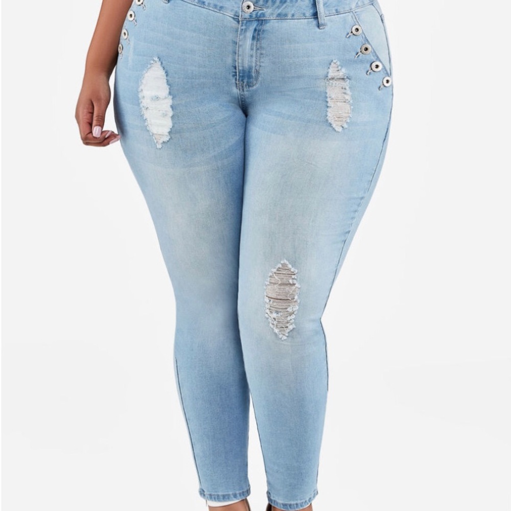 Plus size High waist  light blue skinny jeans